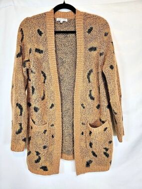 Woven Heart Leopard Print Fuzzy Open Front Cardigan Brown & Black Small